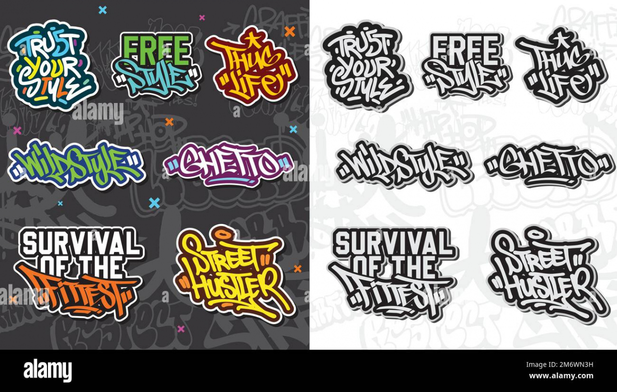 A set of colorful graffiti art sticker designs