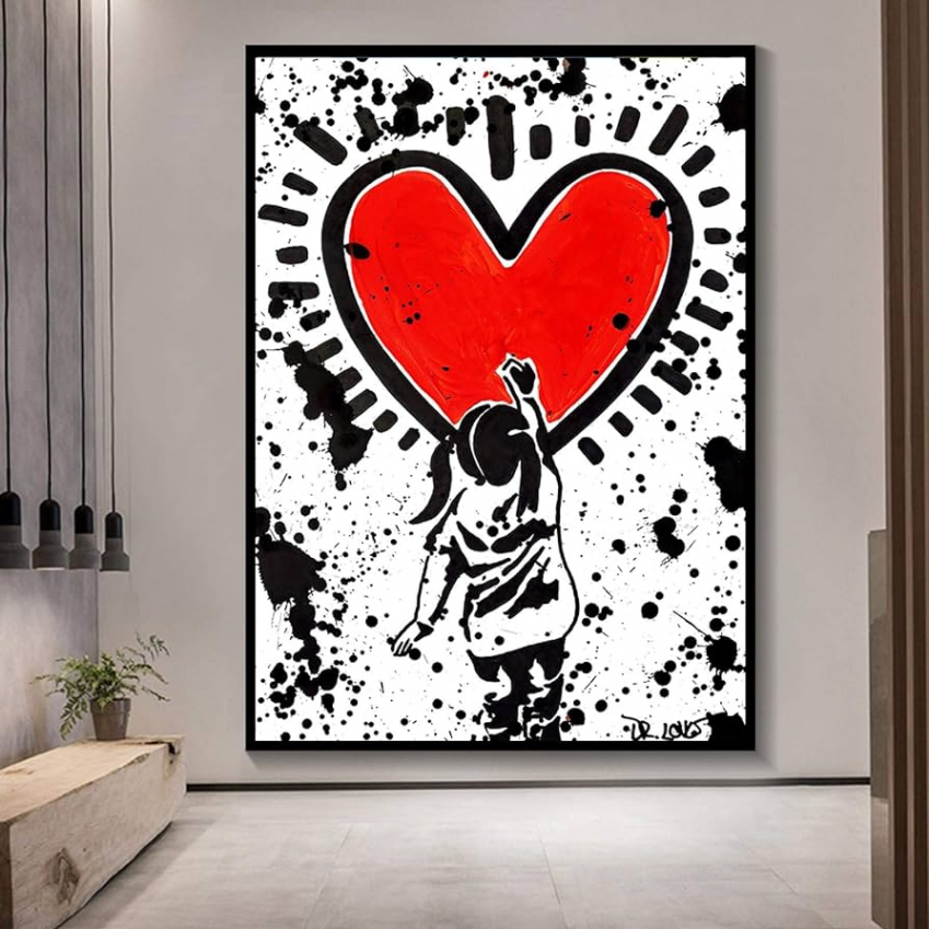 Banksy Graffiti Canvas Painting Girl Drawing Red Heart Love Art Picture  Wall Print Poster Print Abstract Street Home Decor  x  m Frameless