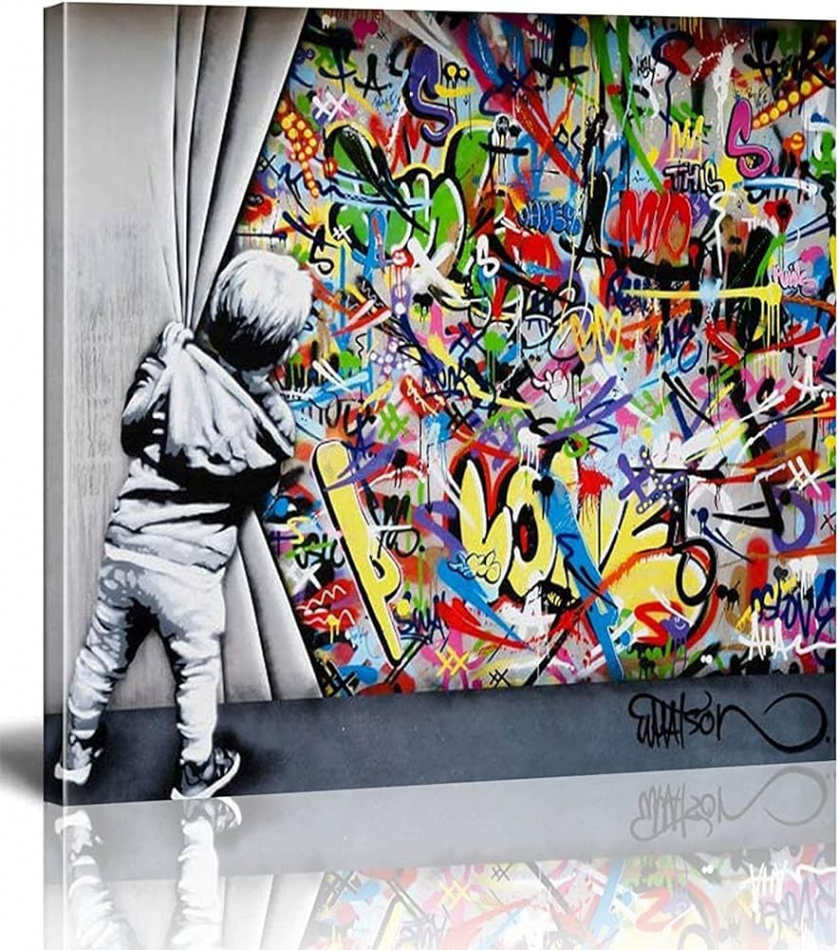 Banksy Picture Canvas Behind the Curtain Street Graffiti Art Canvas  Pictures are Printed on Canvas Wall Art Print Living Room Wall Decor  x   cm /