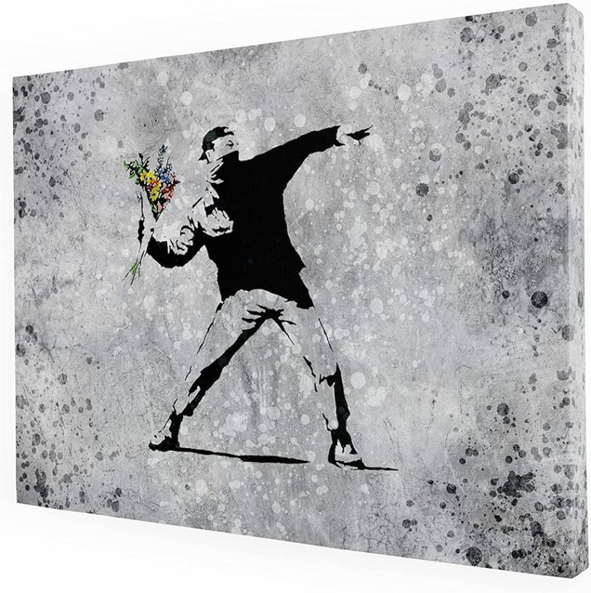 Banksy Picture Man Throws Flowers Abstract Graffiti Art Grey Background  Canvas Wall Art Print on Canvas Art Poster Wall Pictures  x  cm /  x