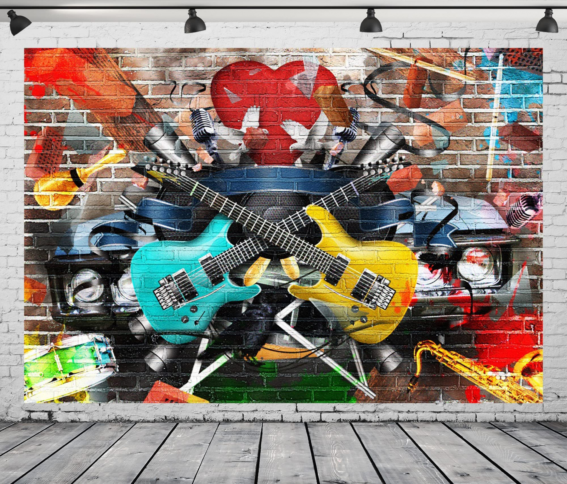 BELECO xft Rock and Roll Background Guitar on Graffiti Wall, Color and  Bright Musical Phtography for Party Decoration Birthday Banner Concert