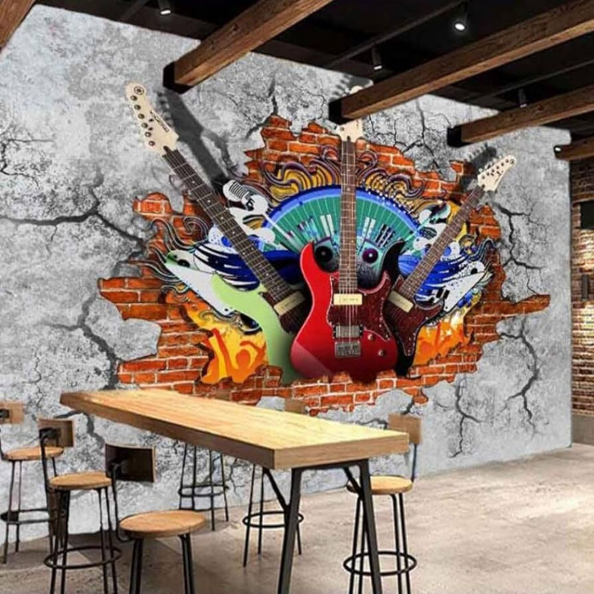 Custom D Murals Wallpaper Guitar Rock Graffiti Art Broken Brick Wall KTV  Bar Tooling Home Decoration Wall Painting Mural Fresco, * cm