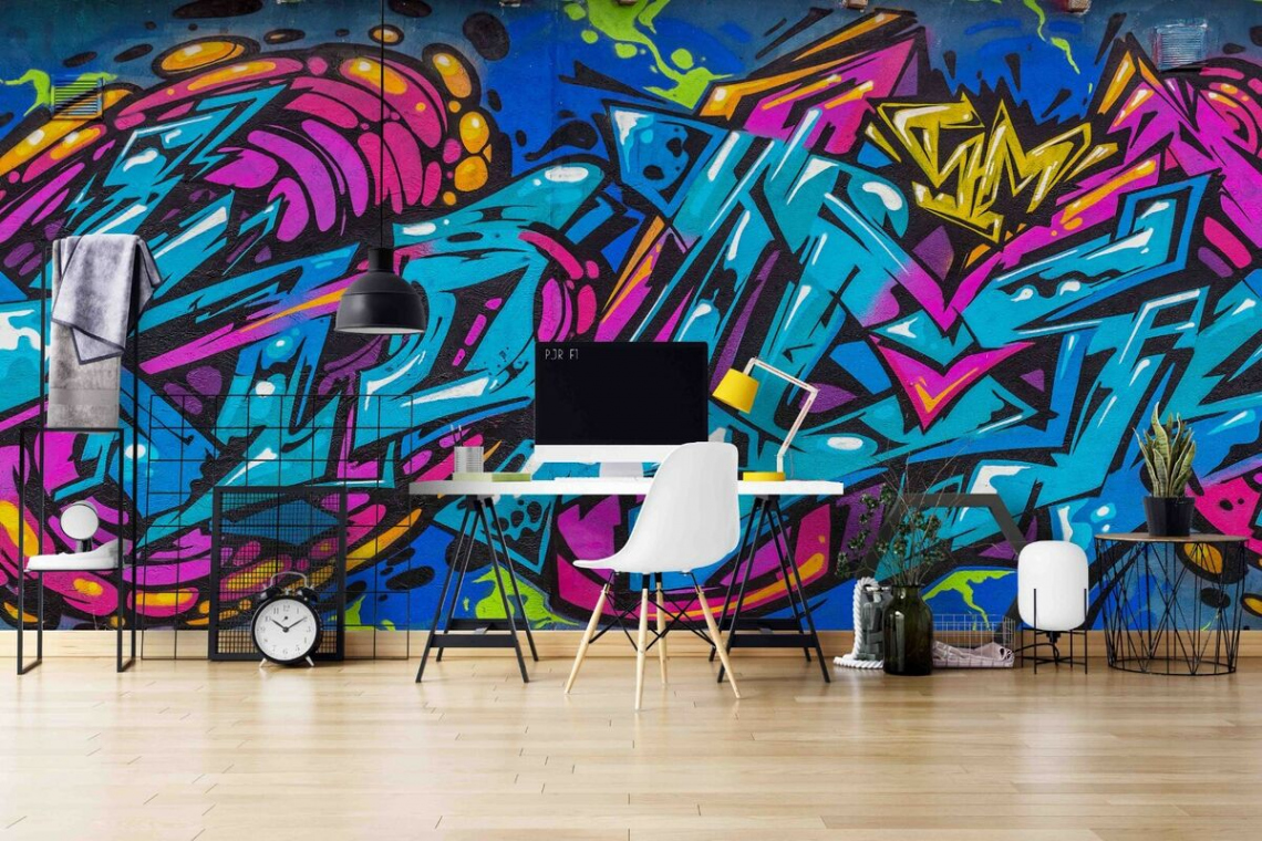 D Blue Graffiti Self-adhesive Removeable Wallpaper Wall Mural Sticker