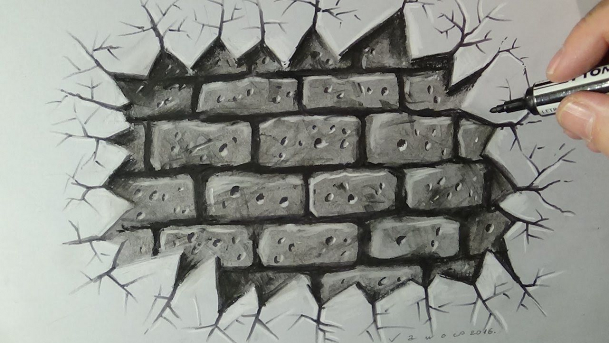 Drawing a Cracked Brick Wall, Time Lapse  Brick wall drawing, Wall  drawing, Graffiti