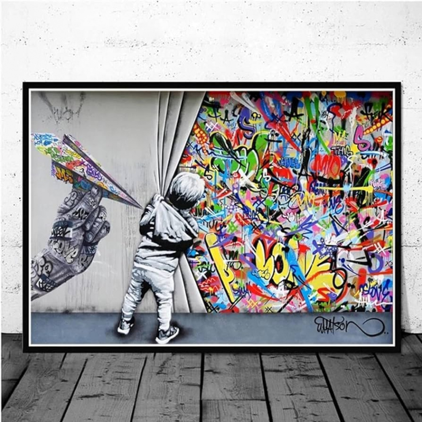 Graffiti Art Canvas Painting Children Dodge The Paper Plane Poster