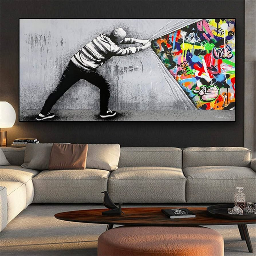 Graffiti Art Wall Pictures for Living Room Behind the Curtain Street Art  Canvas Painting Modern Posters and Prints Quadro  x  cm ( x   inches)