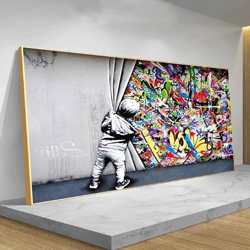 Graffiti Behind the Curtain Street Art Canvas Painting Banksy Wall Art  Picture Sofa Background Decoration  x  cm  Piece Frameless