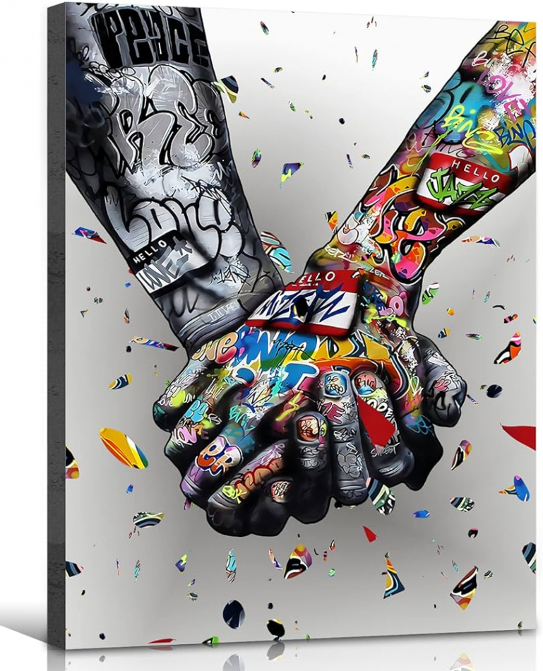 Graffiti Liebe und Hand Küssen Herz Wand Kunst Dekor Gerahmte Leinwand  Paare Print Poster Dekor Einfache Mode Gemälde Street Art Bilder für