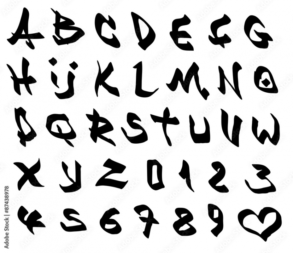 graffiti marker font and number alphabet over white Stock