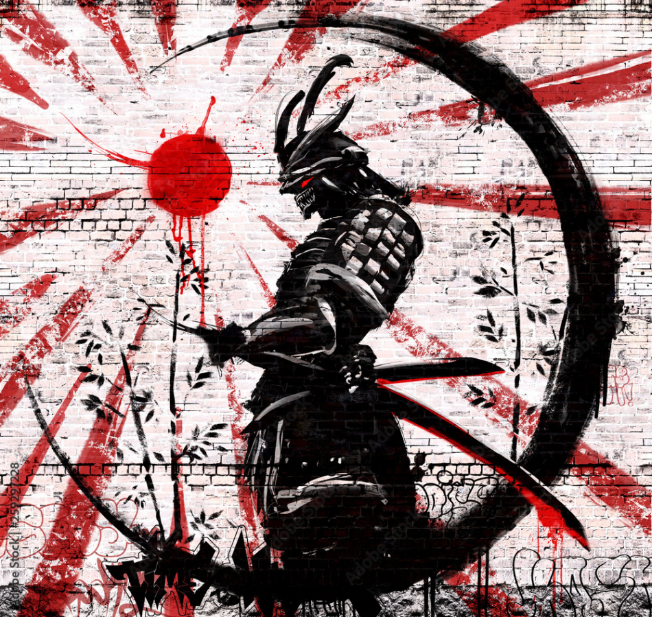 Graffiti on a brick wall of a Japanese warrior in an ink circle