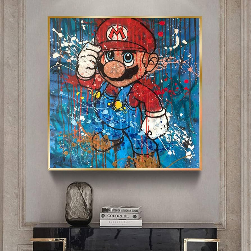 Graffiti Retro Cartoon Mario Canvas Painting Artwork Poster and