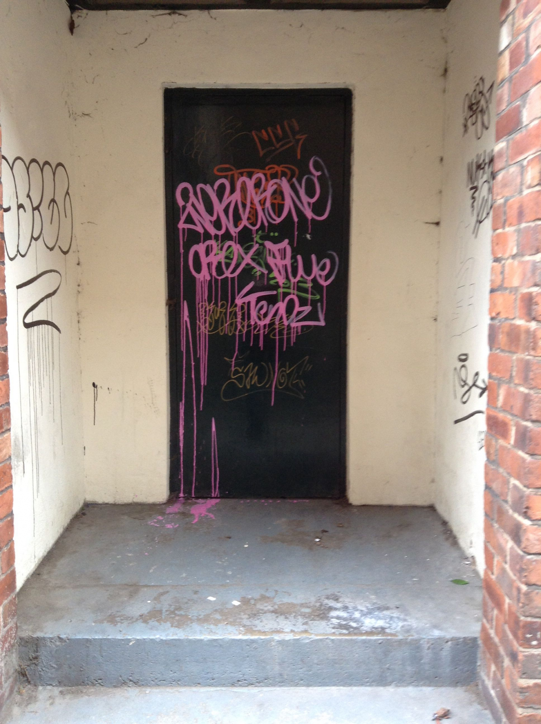 Graffiti Tags in Doorway, Belmont Bank, Shrewsbury, UK  Graffiti