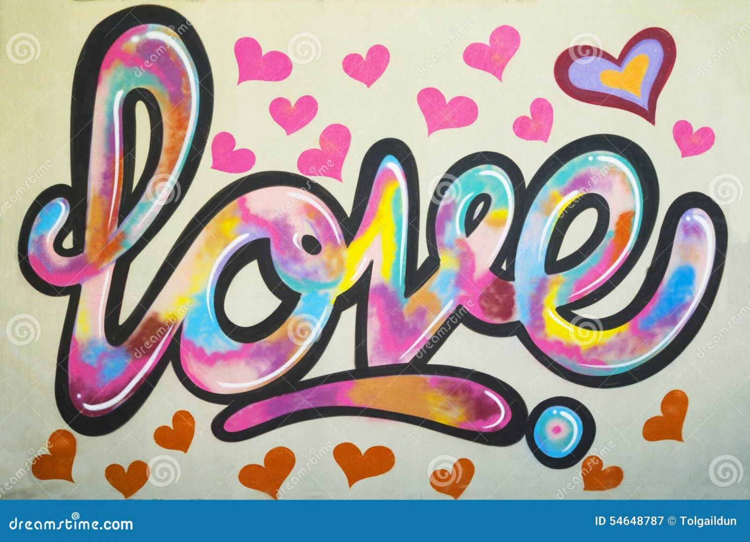 Graffiti Text Love on the Wall with Many Pink Colored Heart Shapes