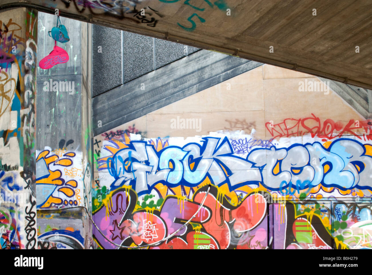 Horizontal close up of colourful graffiti art covering the walls