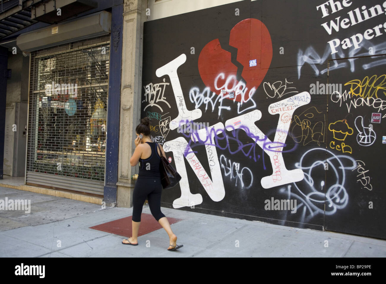 I Love New York wall with Graffiti, Lower East Side, NYC Stock