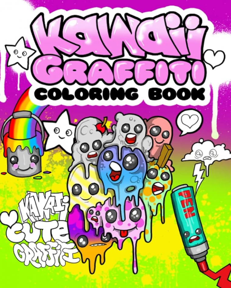 KAWAII GRAFFITI COLORING BOOK: cute street art kawaii colouring book with  fun lettering and original characters