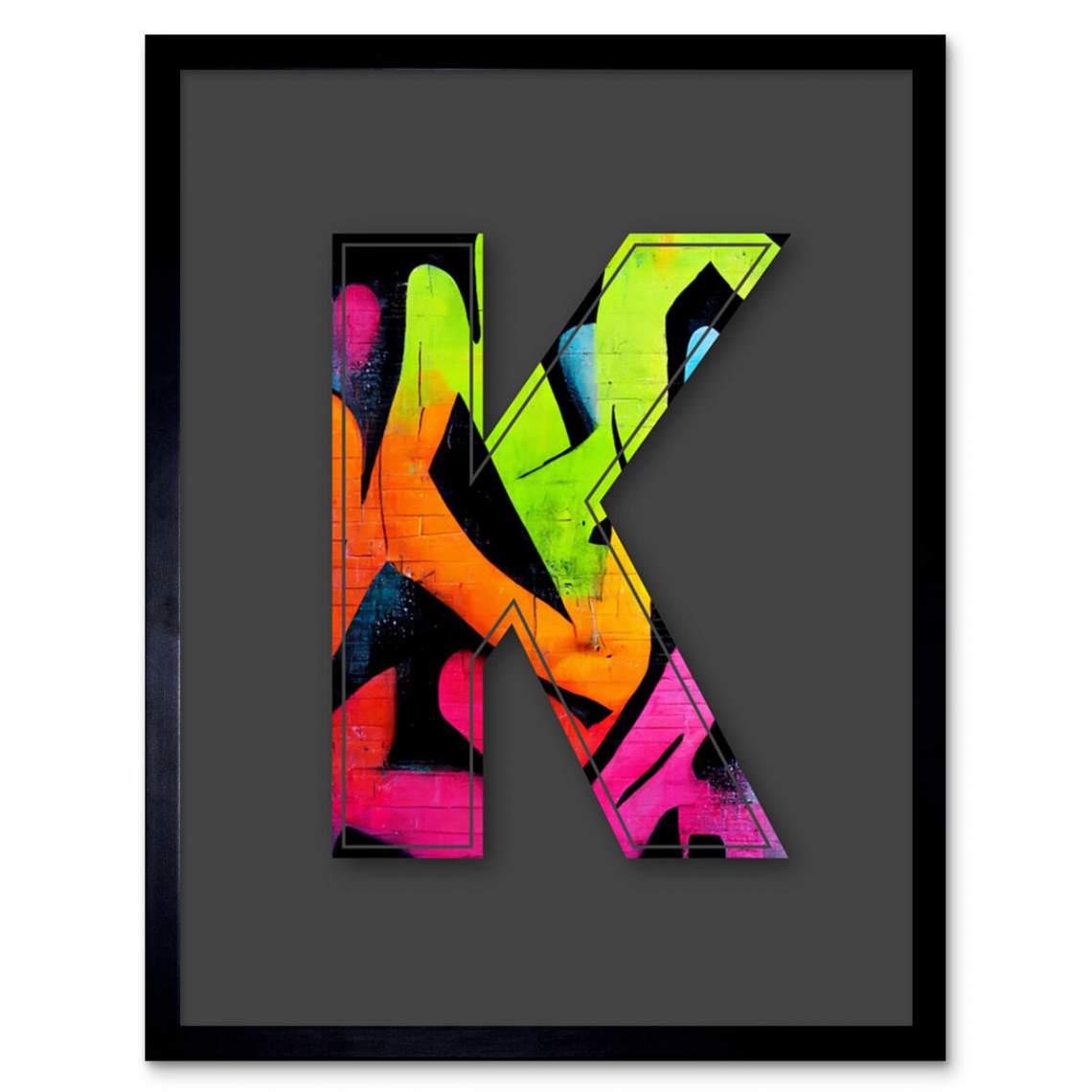 Letter K Neon Abstract Decorative Graffiti Initial Framed Wall Art