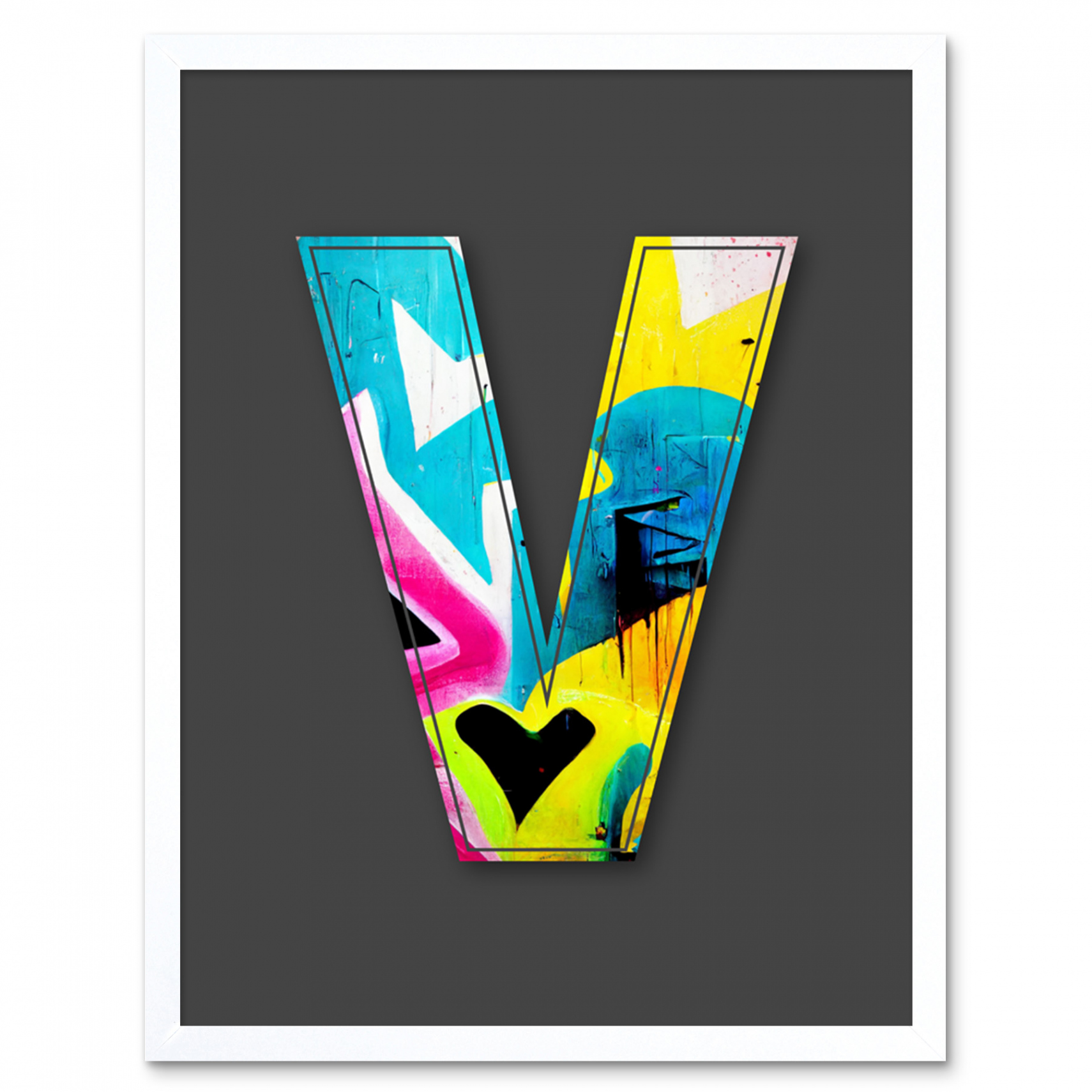 Letter V Tagging Heart Decorative Graffiti Initial Framed Wall Art