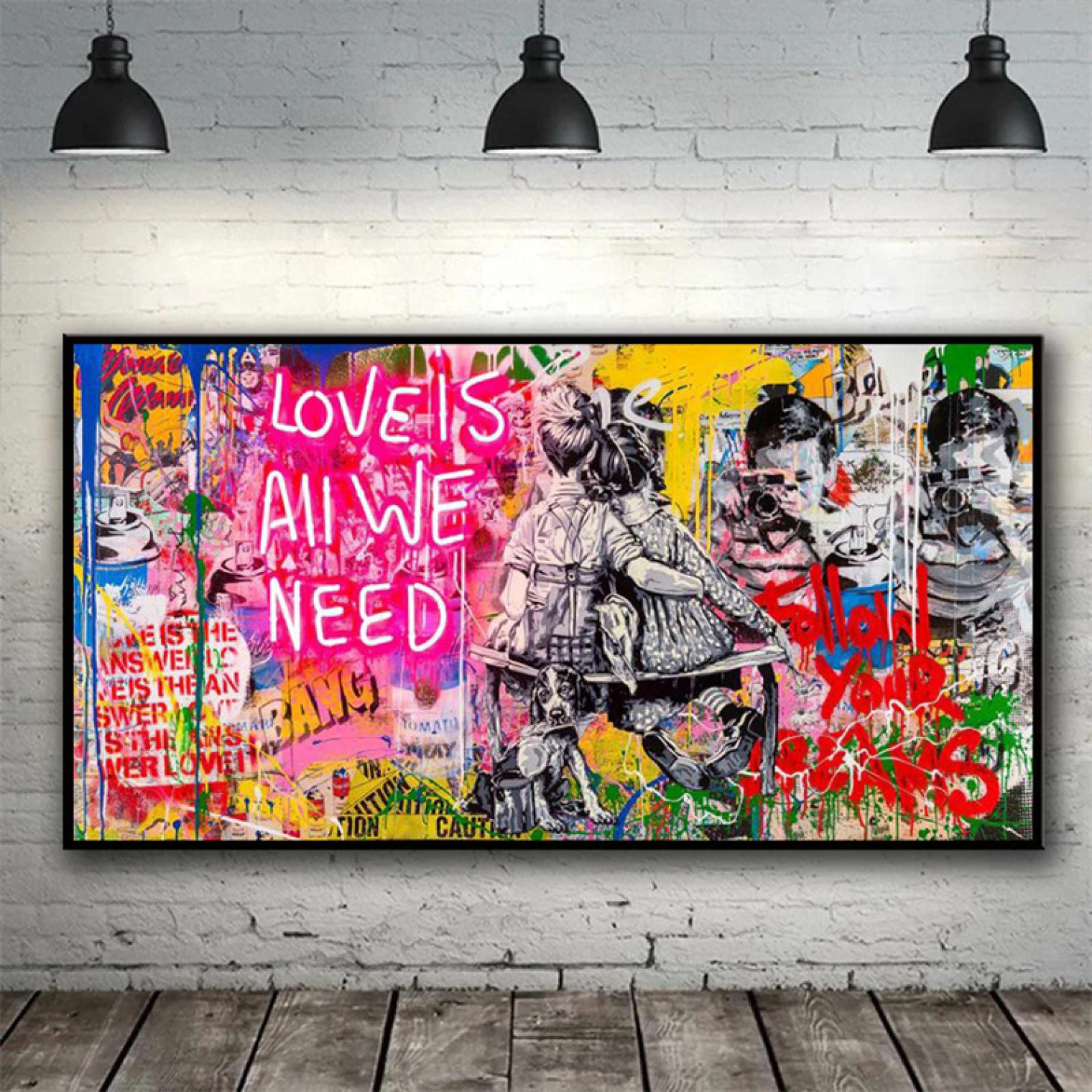 Love Is All We Need Leinwand Gemälde Graffiti Street Art Banksy Kunstdruck  Schwarz gerahmt Wandkunst für Wohnzimmer Dekor xcm/xin Schwarzer