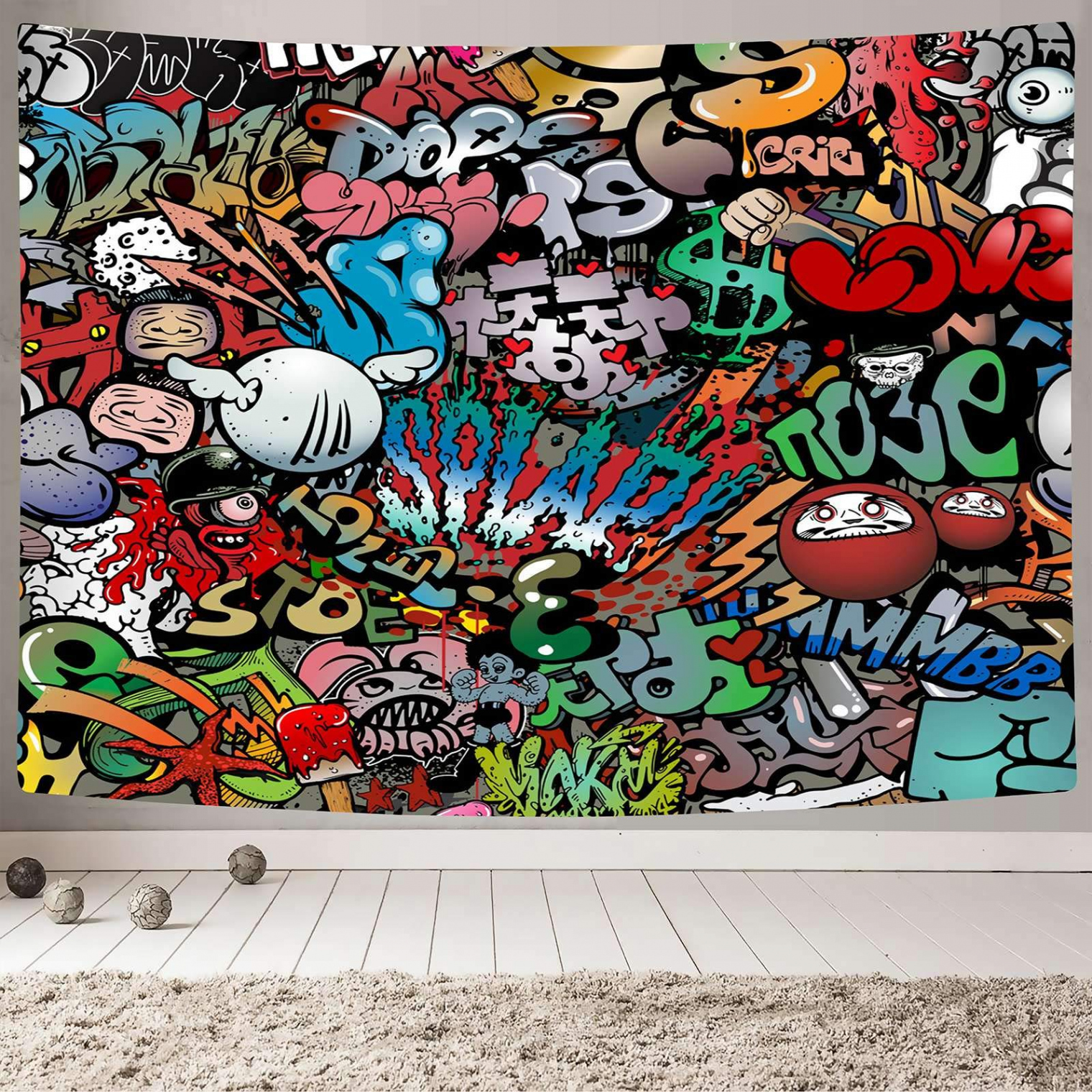 MAMINA Trippy Graffiti Tapisserie, Hip Hop Hippie Kunst Wandbehang, lustig,  bunter Wandteppich für Teenager Jungen Mädchen, ästhetischer Wandteppich