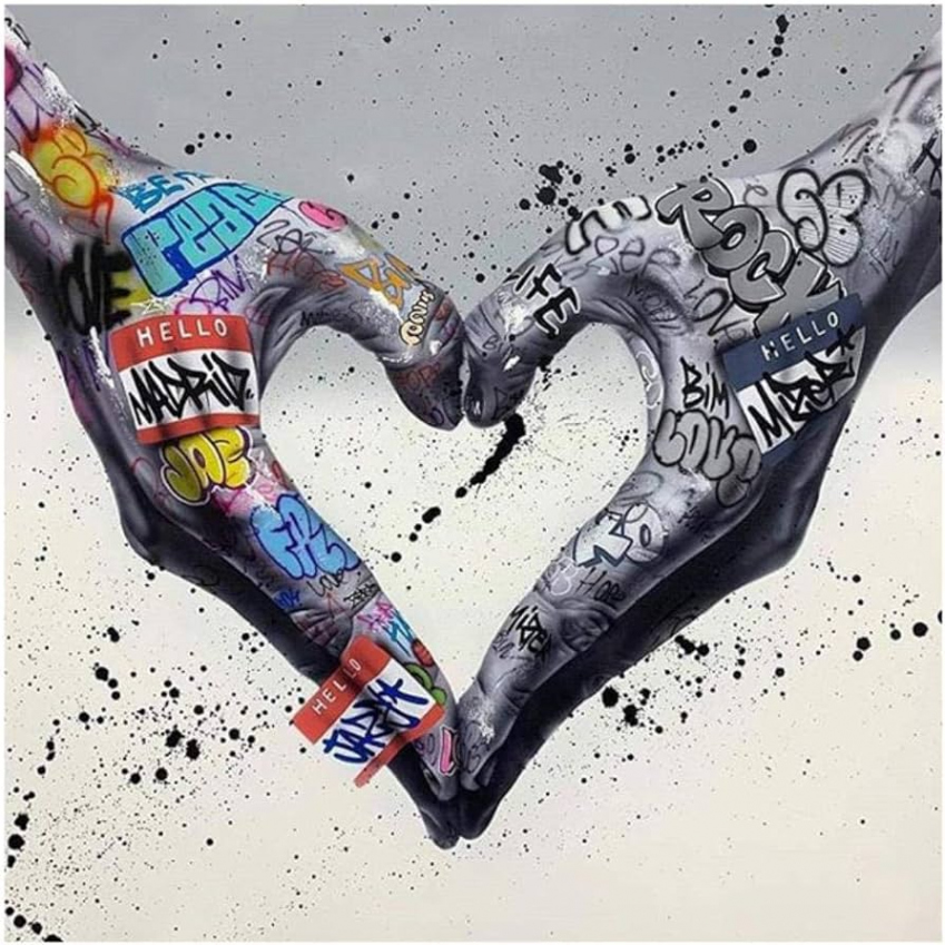 MMMWQ Gesture Heart Graffiti Art Canvas Painting Love Hands Wall