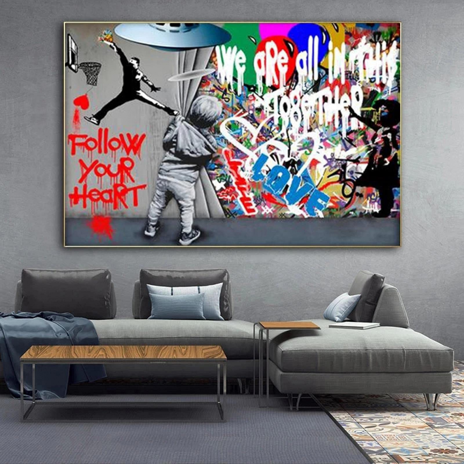 Modern Abstract Love Boy Banksy Curtain Reveals Street Art Painting  Original Graffiti Wall Art for Living Room Decor  x  cm ( x   inches)