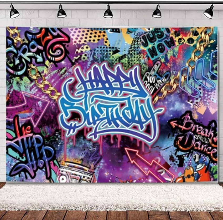 Neon Graffiti Happy Birthday Fotografie Hintergrund Hip Hop Bunt Spritzer  Glow Retro Disco Let