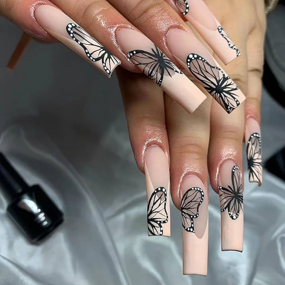 Pcs Long Press on Nails Coffin Fake Nails Graffiti Butterfly Full Cover  Glue on Nails Black Butterfly Acrylic Nails Designs Coffin Nails Nail Art