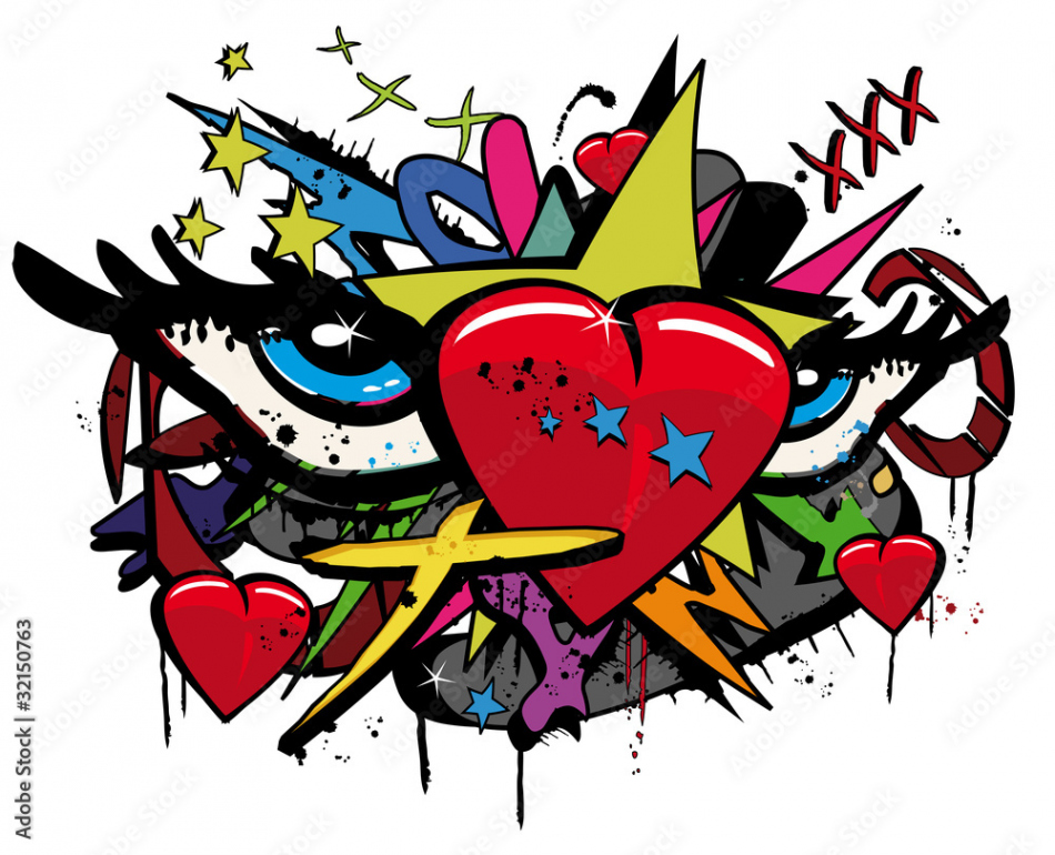 Pop art love graffiti hearts eyes illustration white background