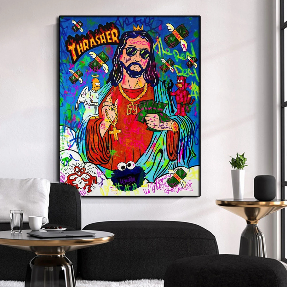 Pop Graffiti Aesthetic Jesus โปสเตอร์และภาพพิมพ์ Christ  ภาพวาดผ้าใบศิลปะบนผนังสำหรับห้องนั่งเล่น Cuadros ตกแต่ง