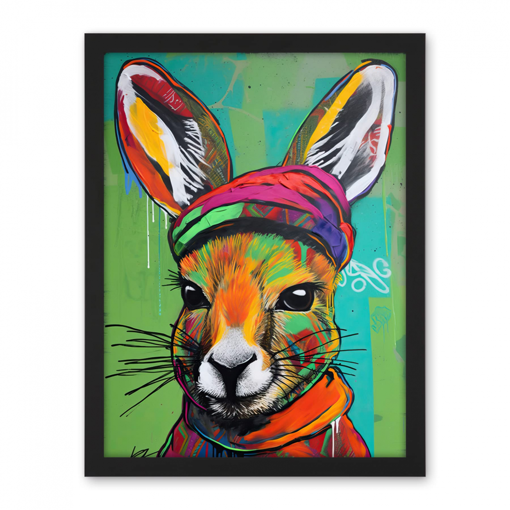 Rabbit in Winter Clothes Colourful Graffiti Style Artwork Framed Wall Art  Print X Inch