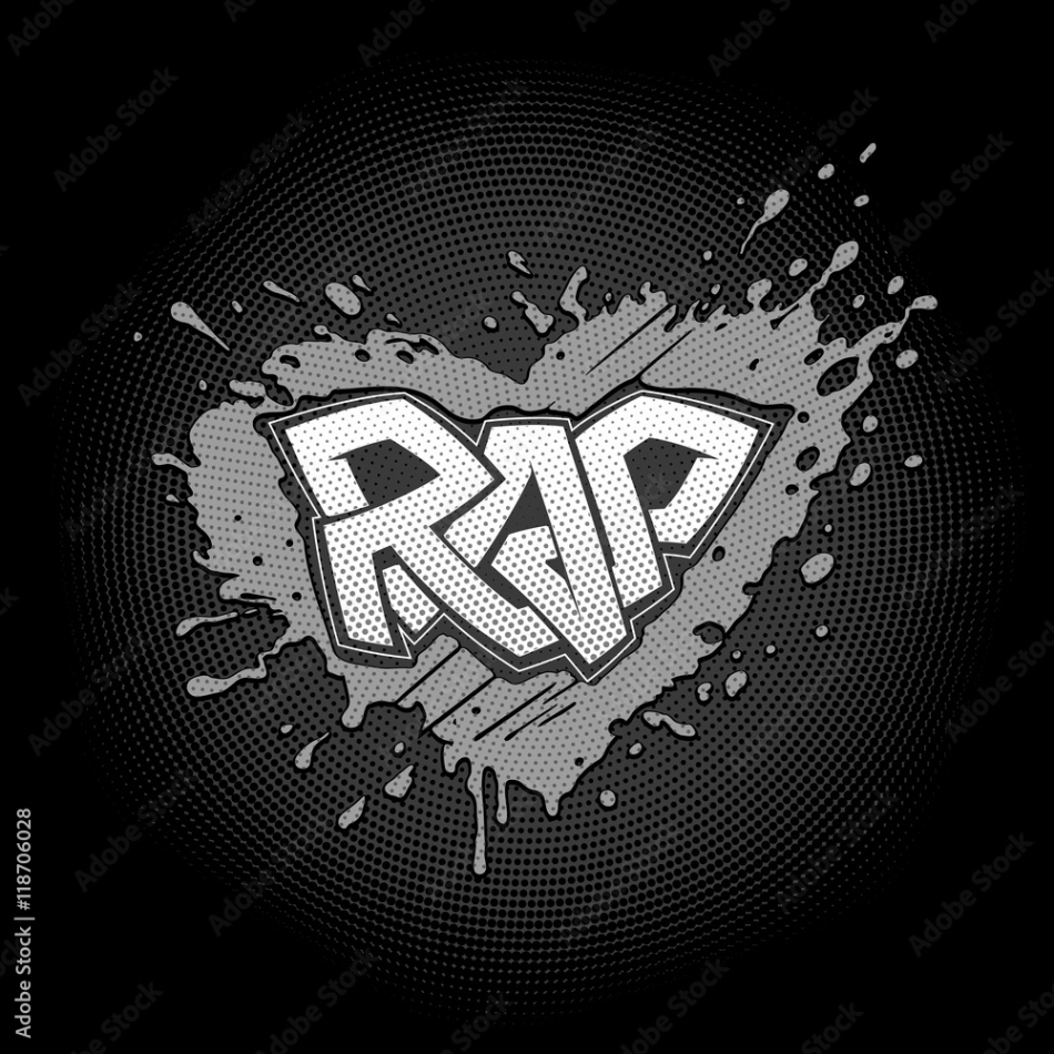 Rap graffiti logo on the grunge splashed shape of heart with a