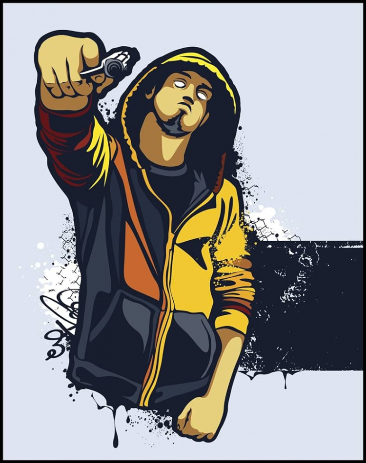 Scary Violent Graffiti Style Gangster Holding A Gun Cartoon Art - Yellow  Jacket Vinyl Sticker (Border Included Around Image As Shown) (" Tall)