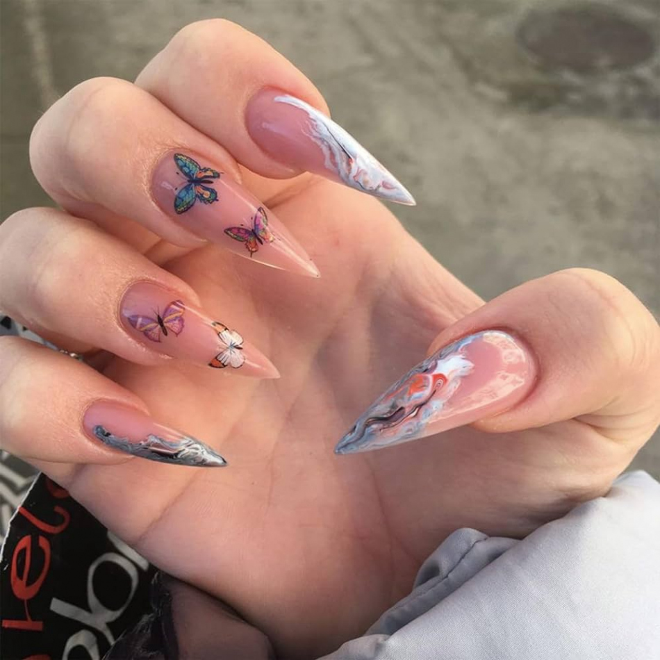 SINHOT Long Stiletto Press on Nails Almond French Tip Fake Nails Glossy  Glue on Nails Acrylic Nails Butterfly Artificial Nails Color Graffiti Stick  on