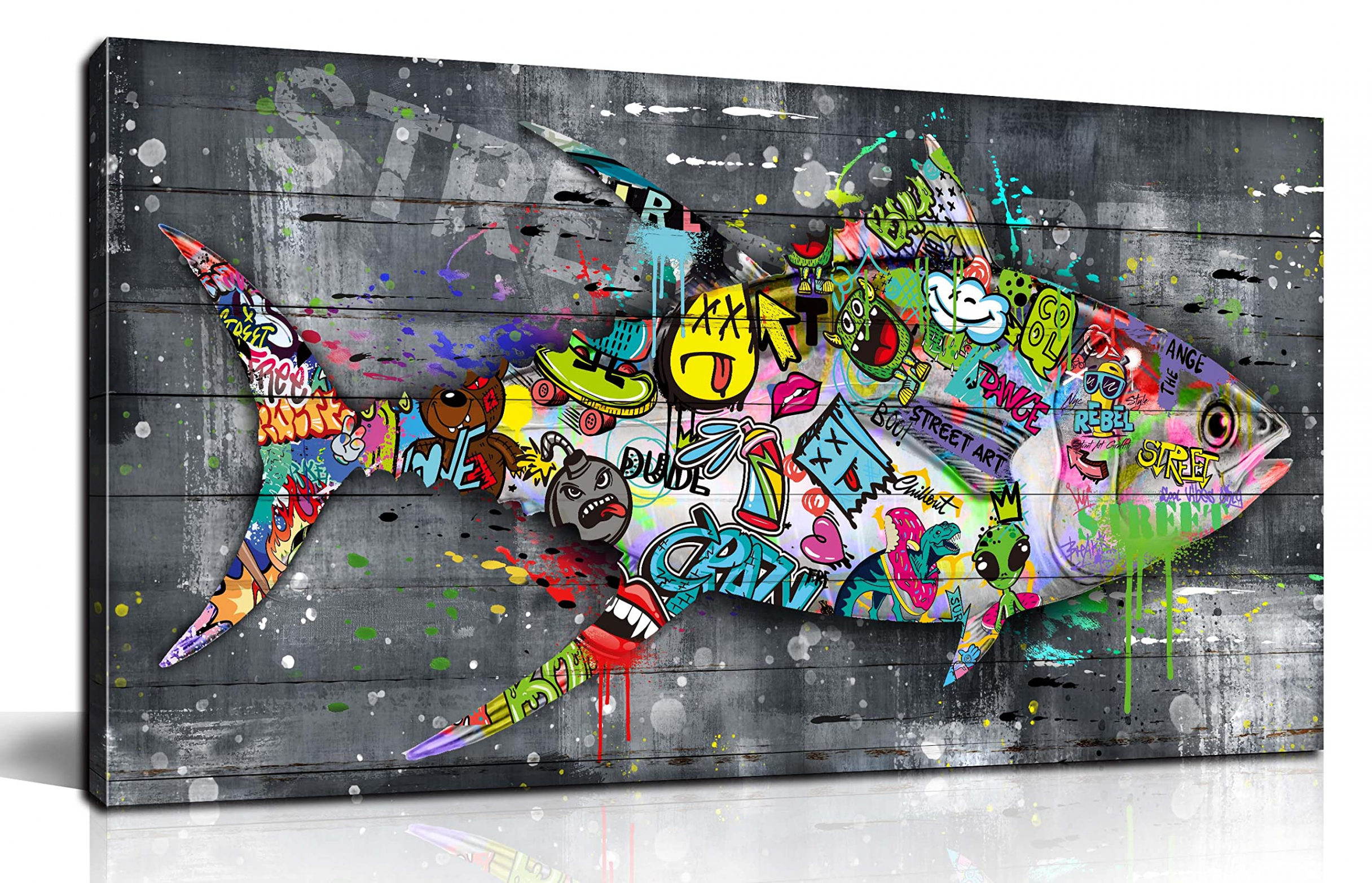 SIXTTART Fish Wall Decor Living Room - Graffiti Canvas Wall Art