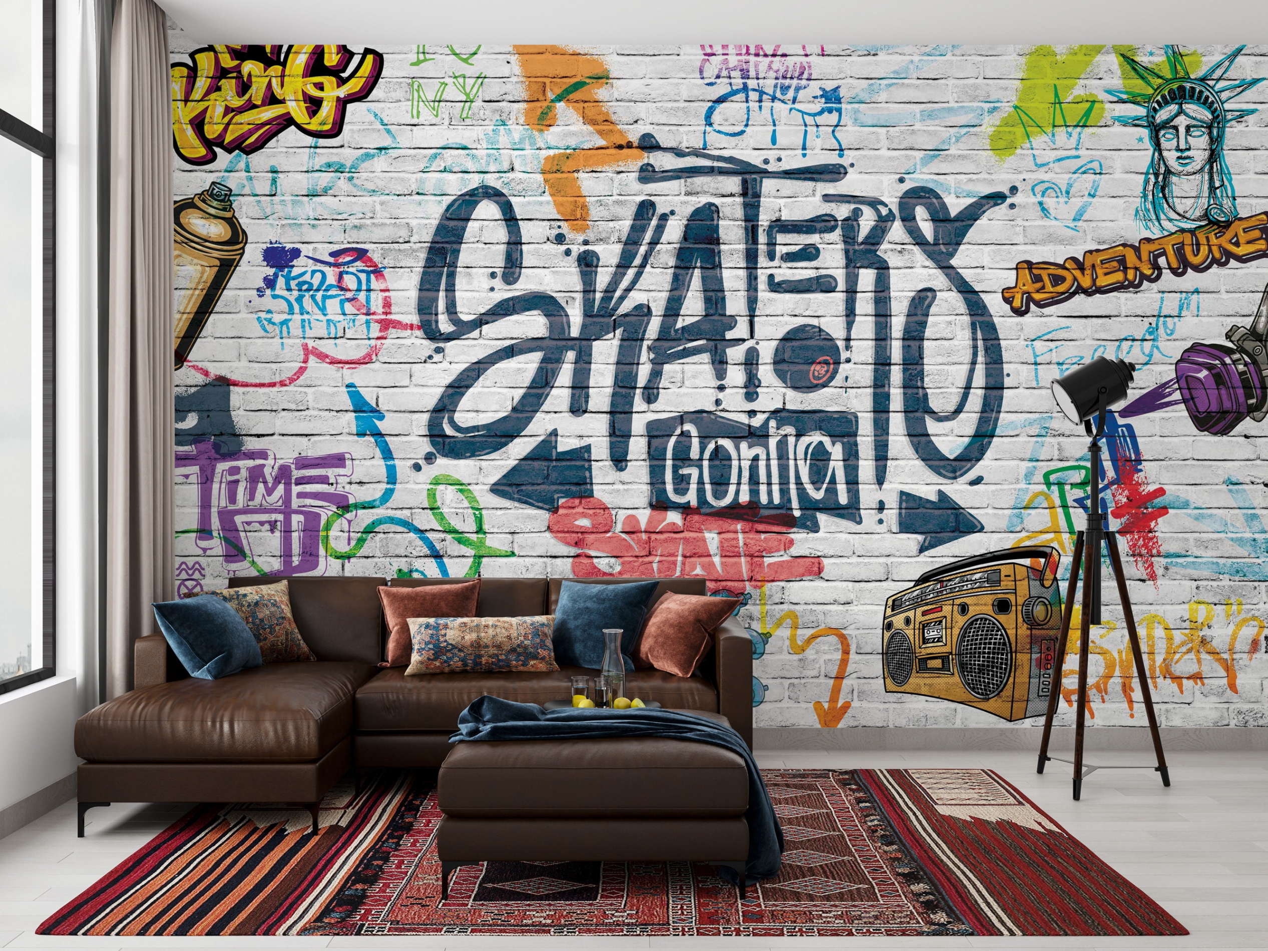 Skater Graffiti Living Room Wallpaper Brick Background Skate