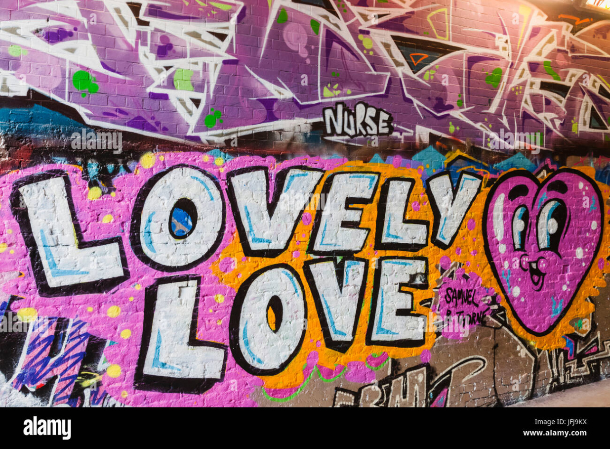 Street art with words lovely love and heart hi-res stock