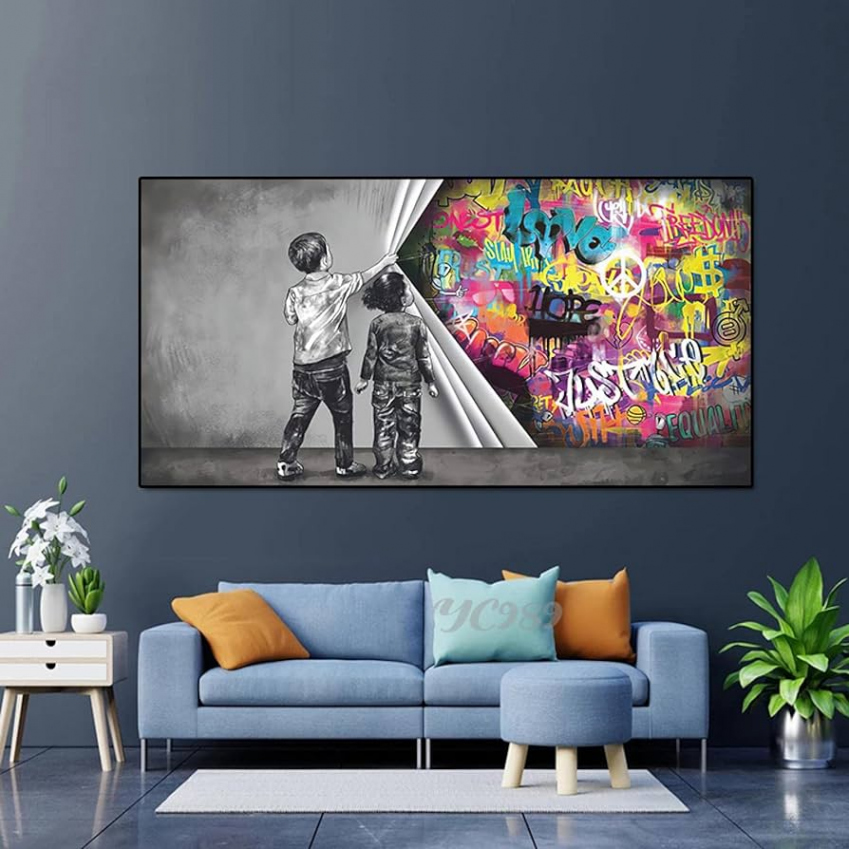 Street Graffiti Art Behind the Curtain Painting Boy and Girl Find Love  Banksy Wall Art Horizontale schwarze gerahmte Drucke  x  cm/ x   Zoll