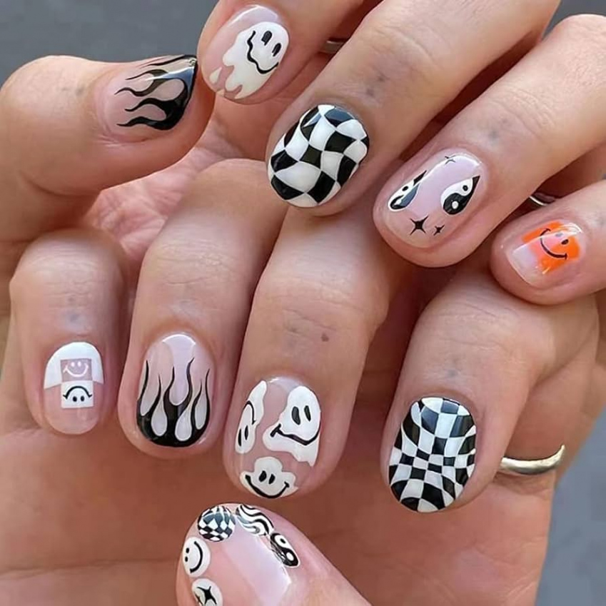 VEBONNY Nude Pink Cute Funny Graffiti Halloween Short False Nails,Flame  Smile Face Cloud Press on Nail Kits,Taichi Checkerboard Acrylic Stick on