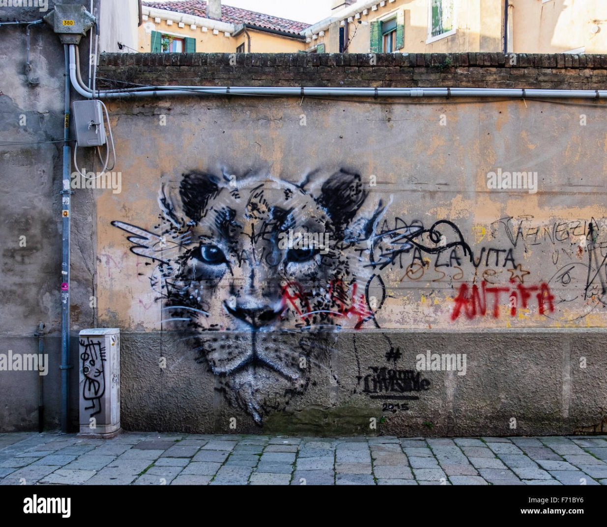 Venice, Italy - Street art and graffiti on urban wall, Drawing of