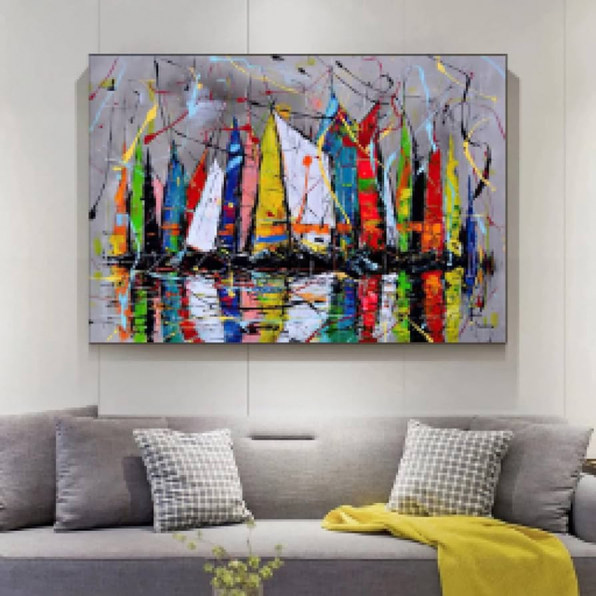 VNPQC Graffiti Landscape Art Sailing Boats Painting on Canvas Wall Pictures  for Living Room Wall Art Posters Prints Home Cuadros xcm Frameless