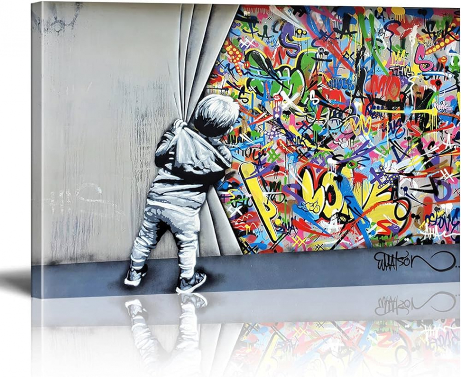 XIANGPEIFBH Street Art Banksy Graffiti Wall Art Behind the Curtain Canvas  Painting Wall Art Pictures for Home Decor Artworks  x  cm ( x