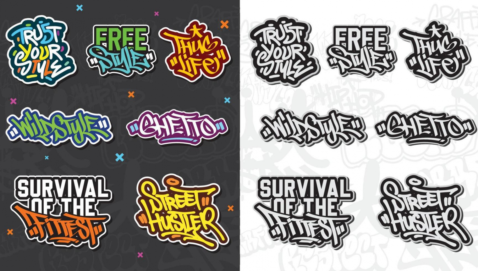 A set of colorful or vibrant graffiti art stickers