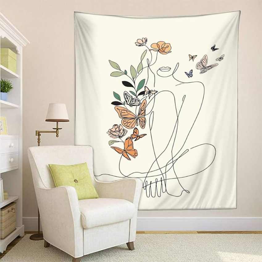 Abstract Woman Butterfly Tapestry Fabric Wall Hanging Tapestry Minimalist  Modern Flower Plant Aesthetic Portrait Beige Home Decor Art for Living Room