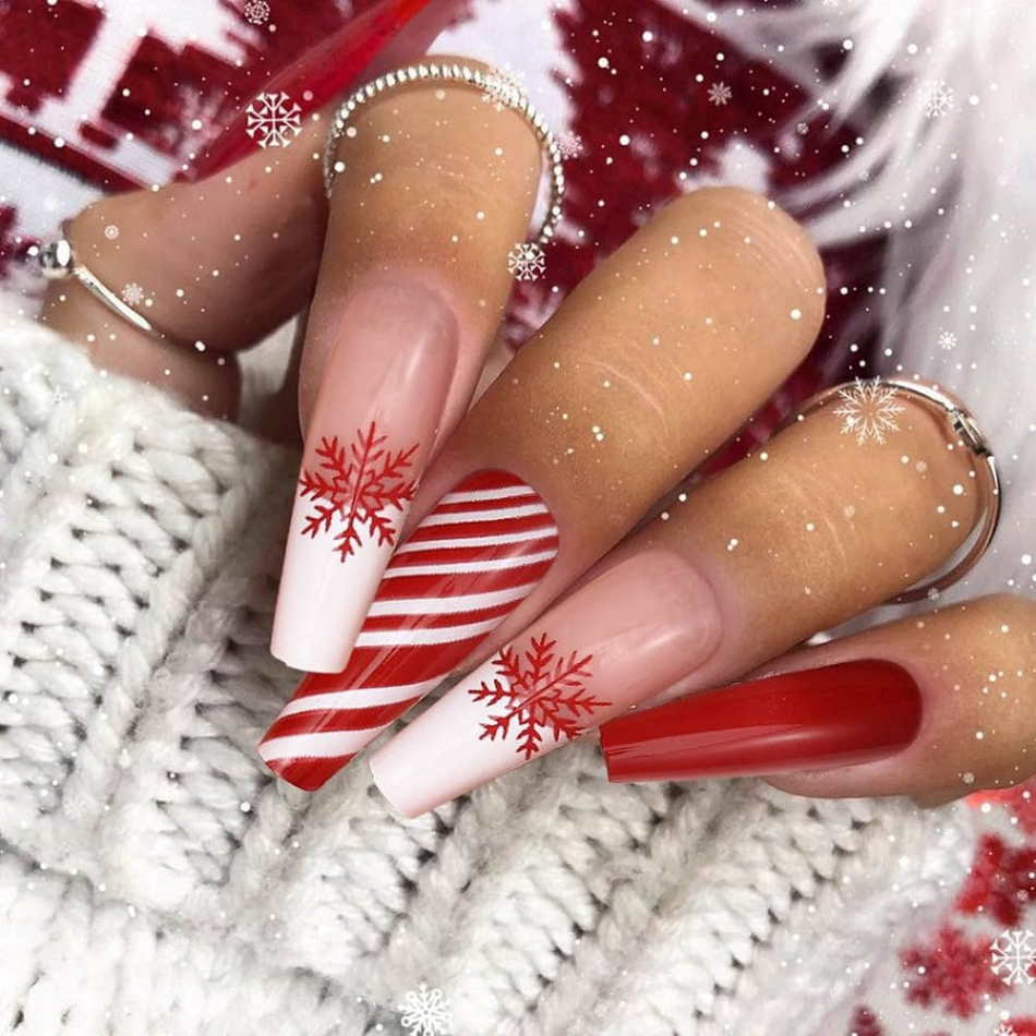 Aceorna Red Long Press on Nails Glossy Xmas Fake Nails Black Coffin  Snowflake Stripe Full Cover Acrylic Nail Christmas False Nails for Women  and Girls