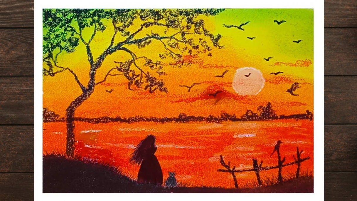 Alone Girl And Sunset Scenery with Soft Pastel for beginners