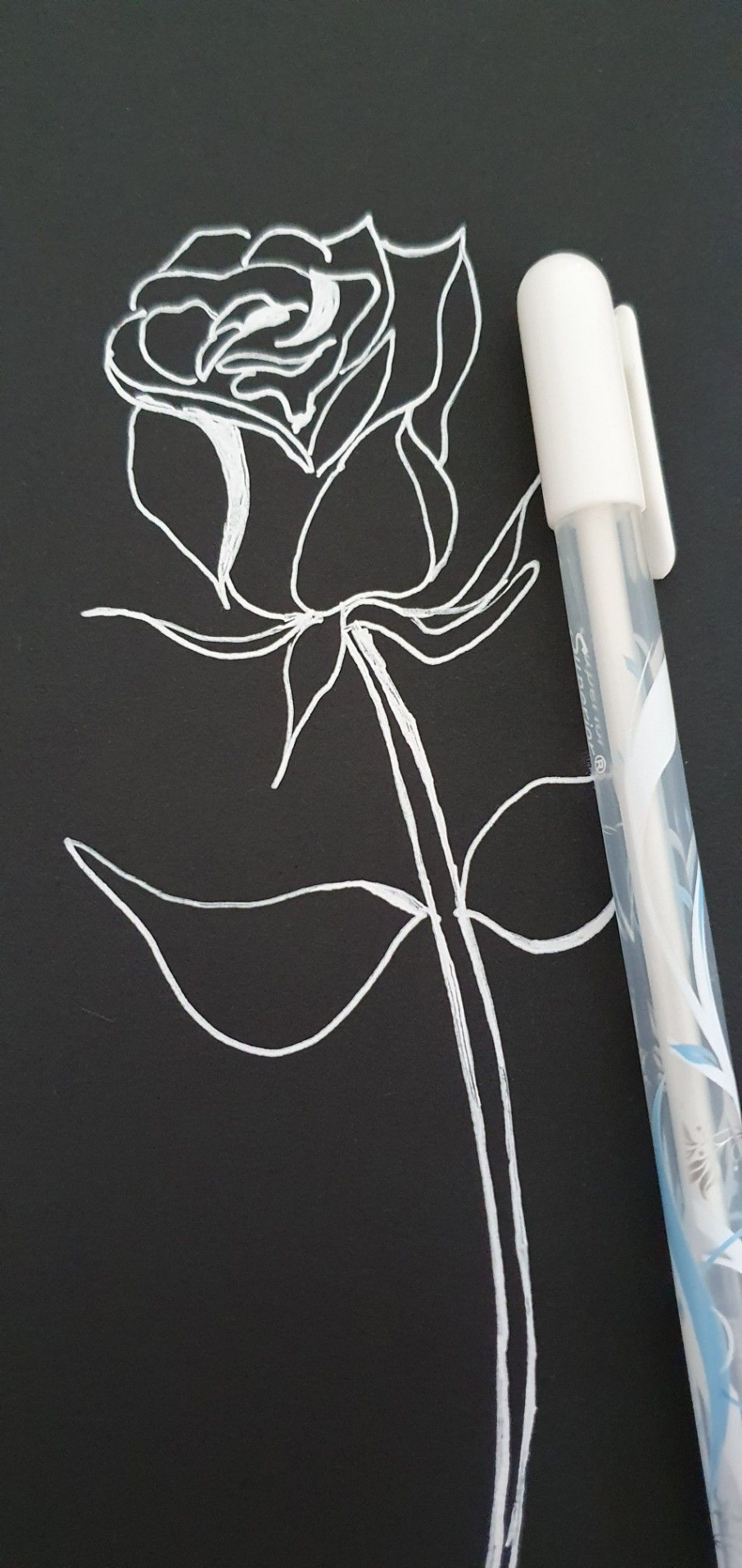 Art rose flower white gel pen black paper  Black paper drawing