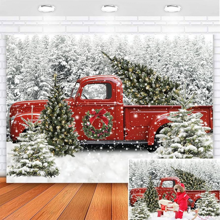 Avezano Christmas Vintage Red Truck with Tree Background Winter