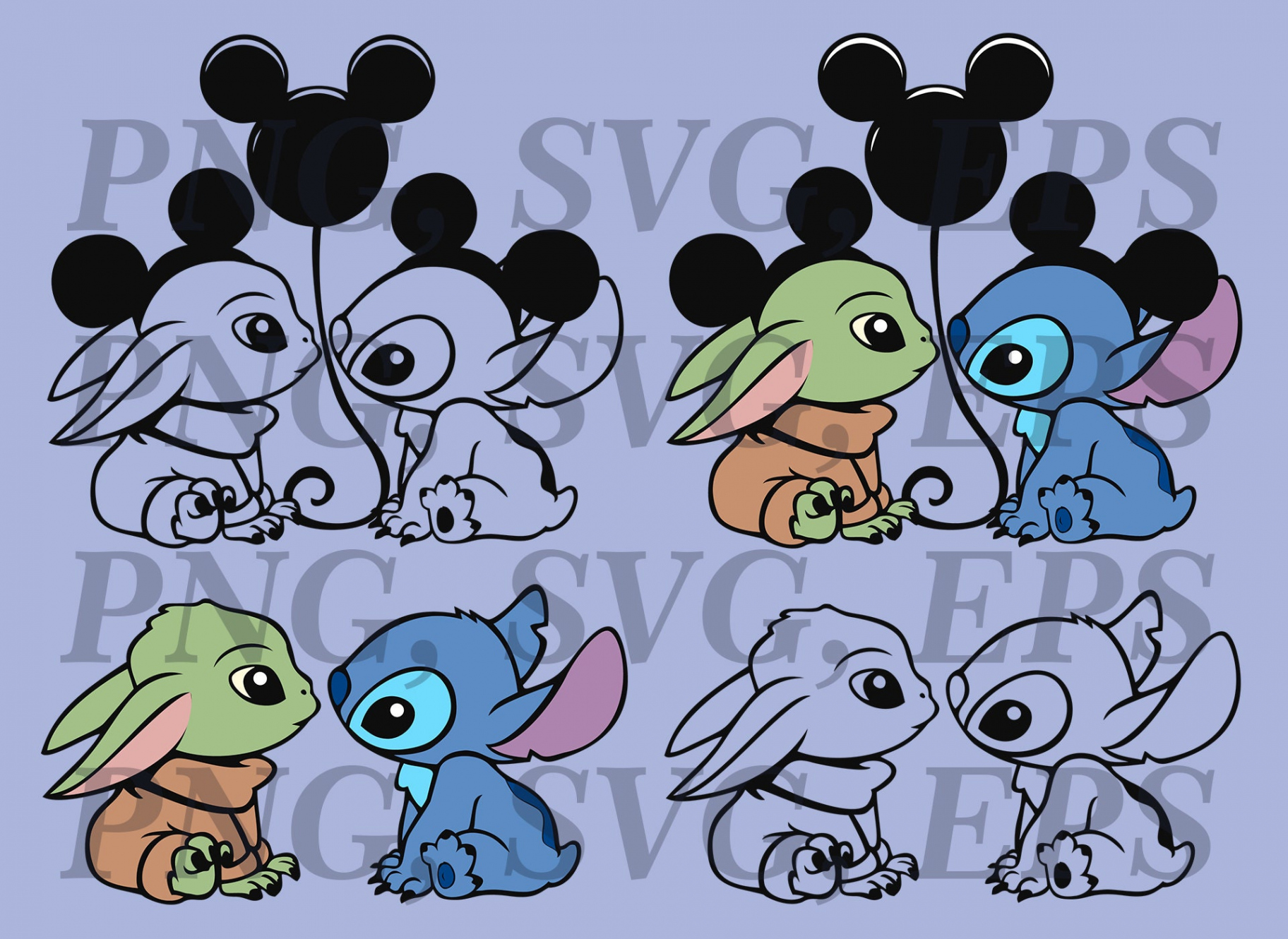 Baby Yoda und Stitch set  Vektor geschichtet und geschnitten Umriss  benutzerdefinierte Dateien SVG PNG EPS Dateien