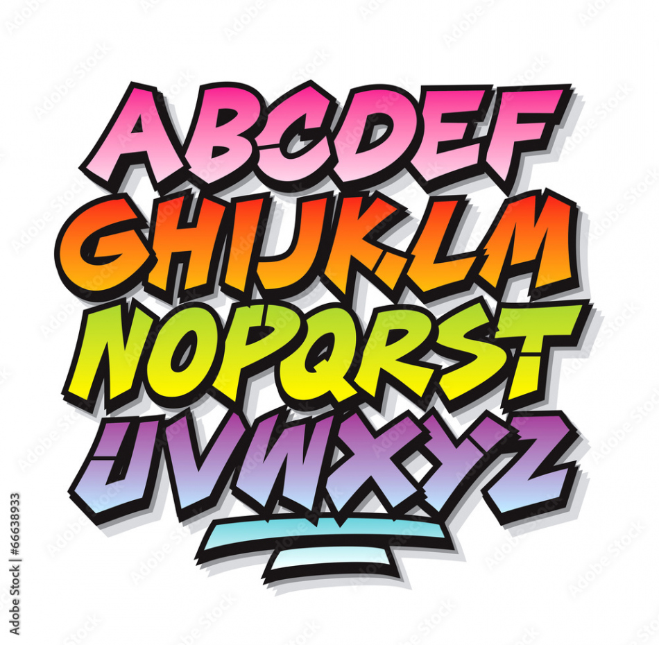 Bright cartoon comic graffiti doodle font alphabet